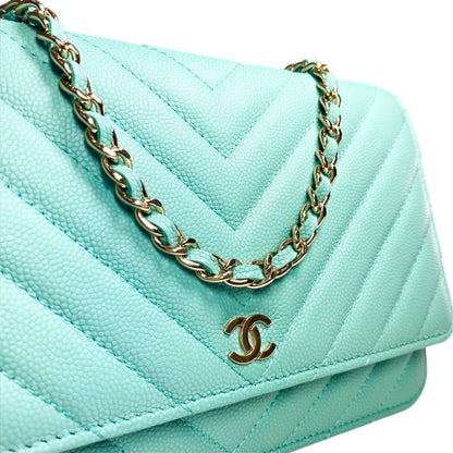 Chanel Aqua Blue Chevron Caviar Wallet on Chain