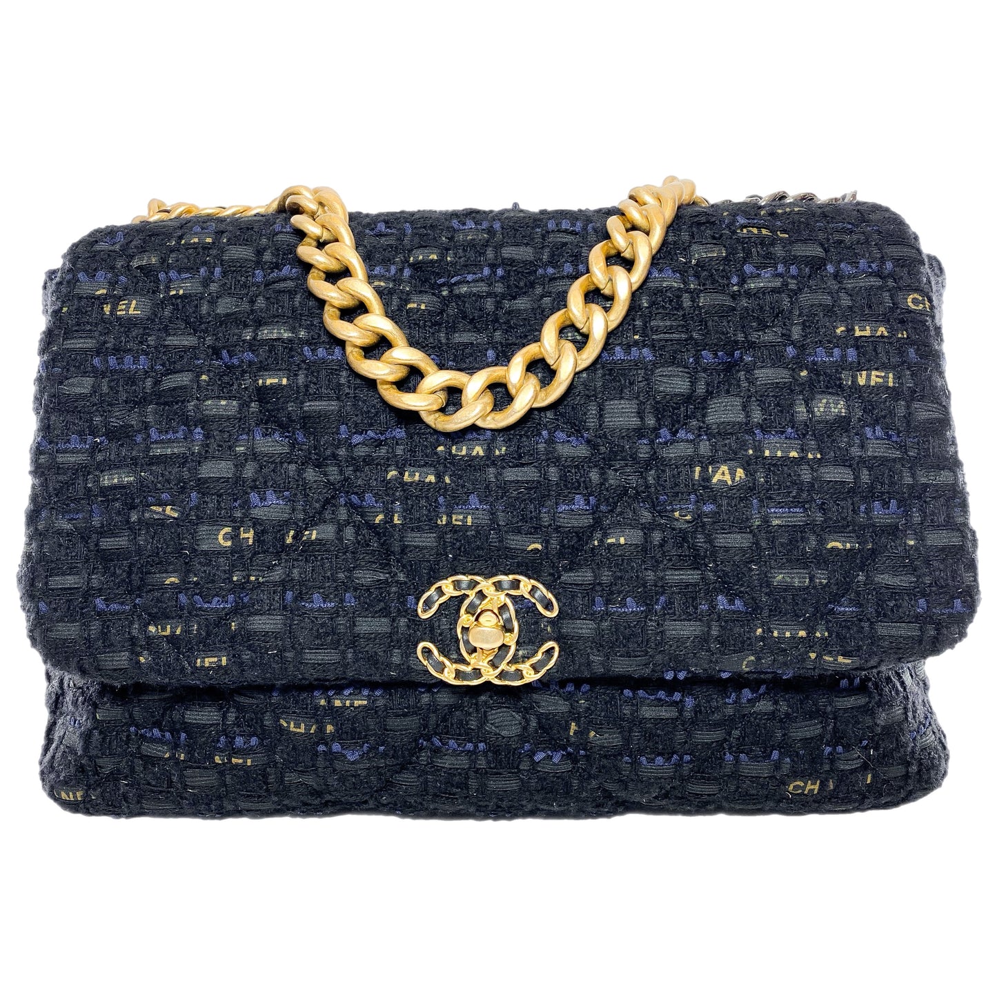 Chanel 19 Maxi Navy Black Tweed Flap Bag