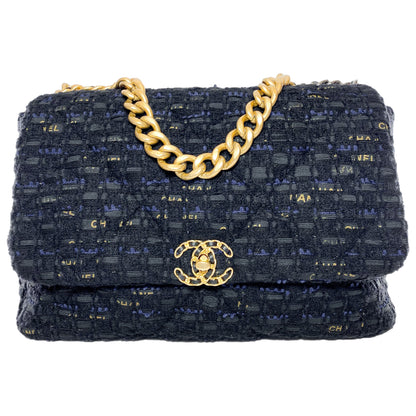Chanel 19 Maxi Navy Black Tweed Flap Bag