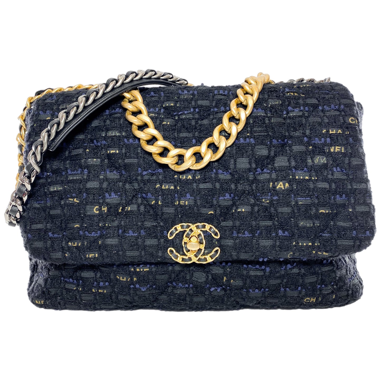 Chanel 19 Maxi Navy Black Tweed Flap Bag