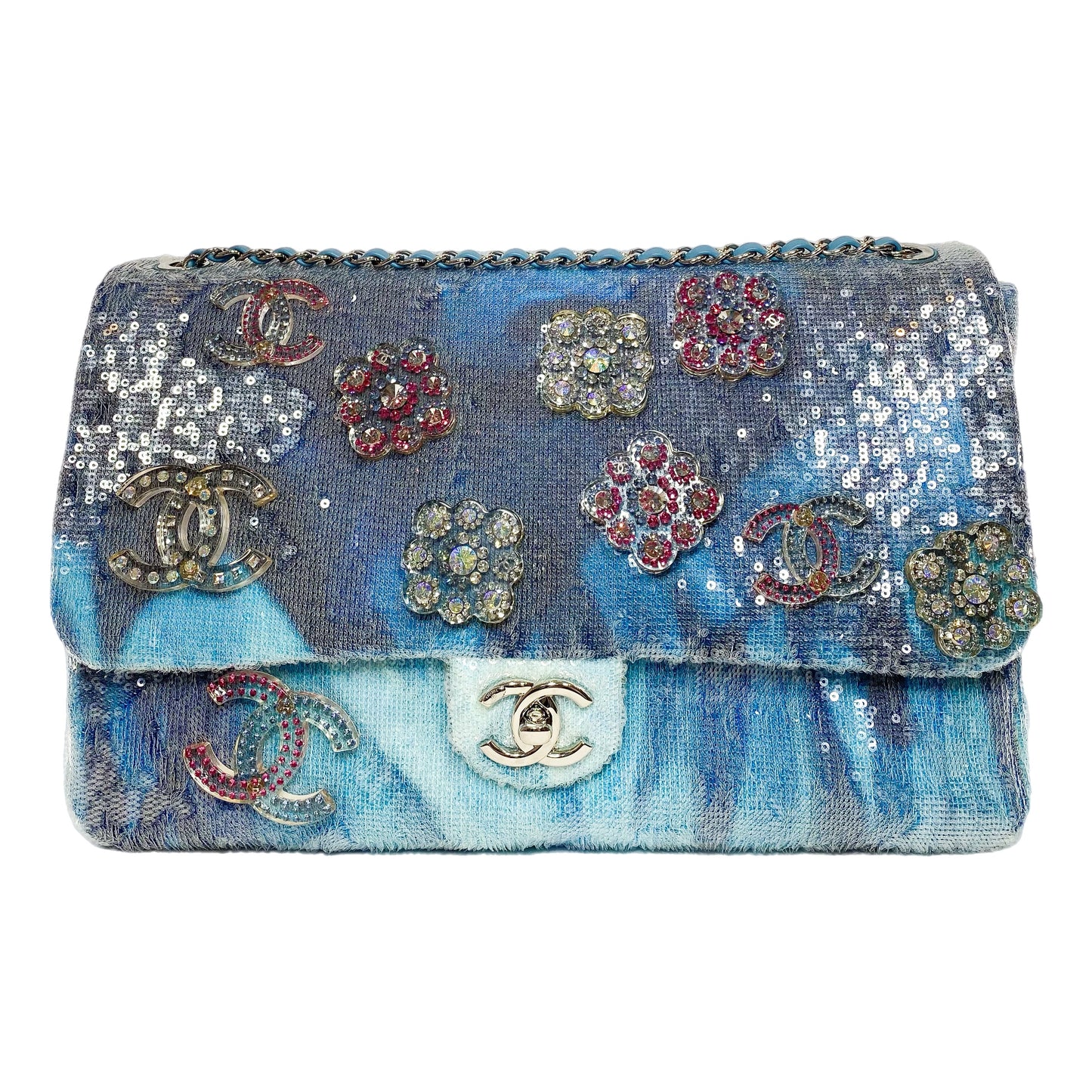 Chanel Light Blue Sequin Resin Crystal Large Waterfall Charms Flap Bag