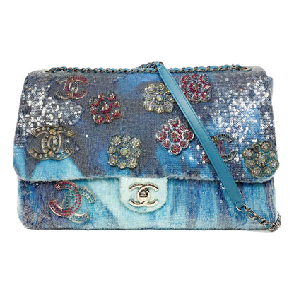 Chanel Light Blue Sequin Resin Crystal Large Waterfall Charms Flap Bag