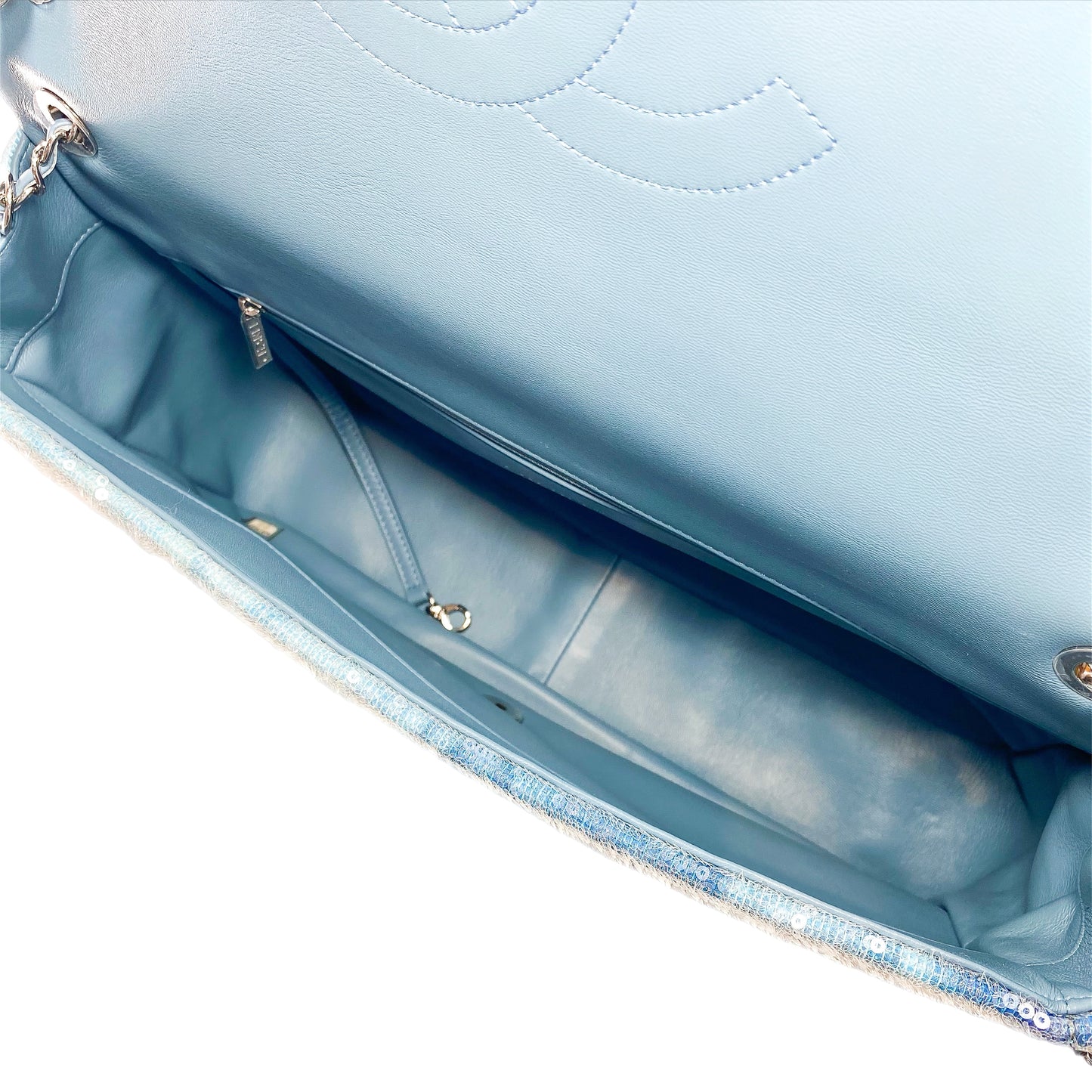 Chanel Light Blue Sequin Resin Crystal Large Waterfall Charms Flap Bag
