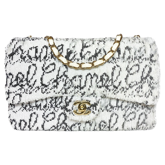 Chanel White Sequin Logo Script Flap Bag