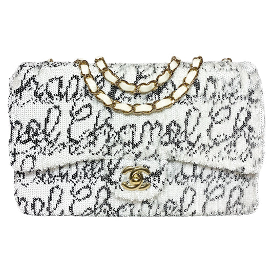 Chanel White Sequin Logo Script Flap Bag