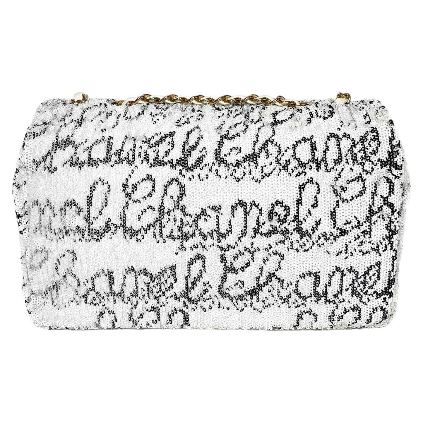 Chanel White Sequin Logo Script Flap Bag