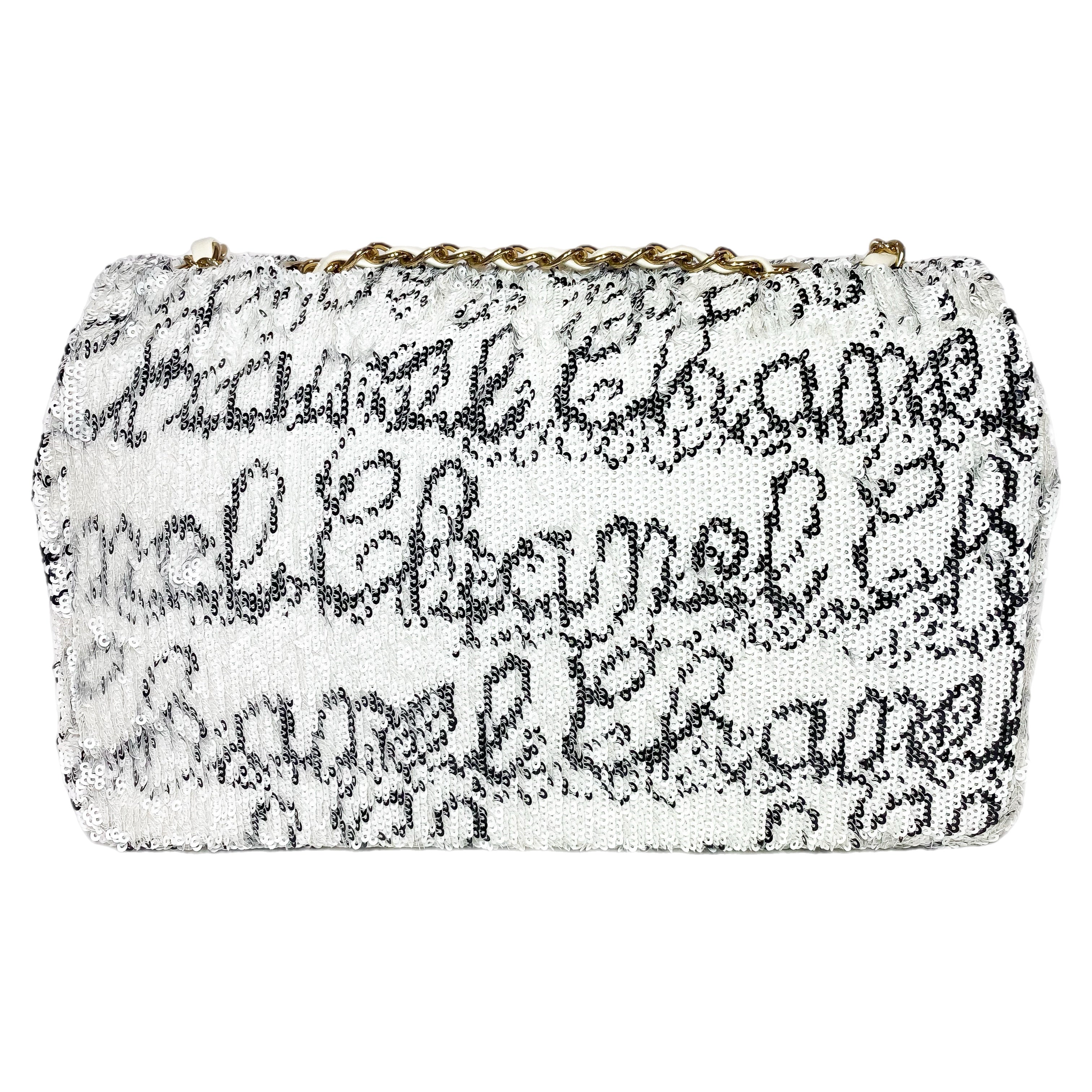 Chanel White Sequin Logo Script Flap Bag