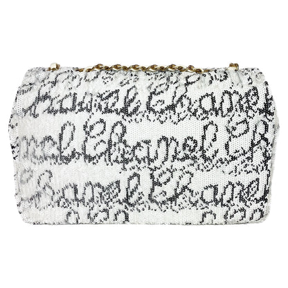 Chanel White Sequin Logo Script Flap Bag