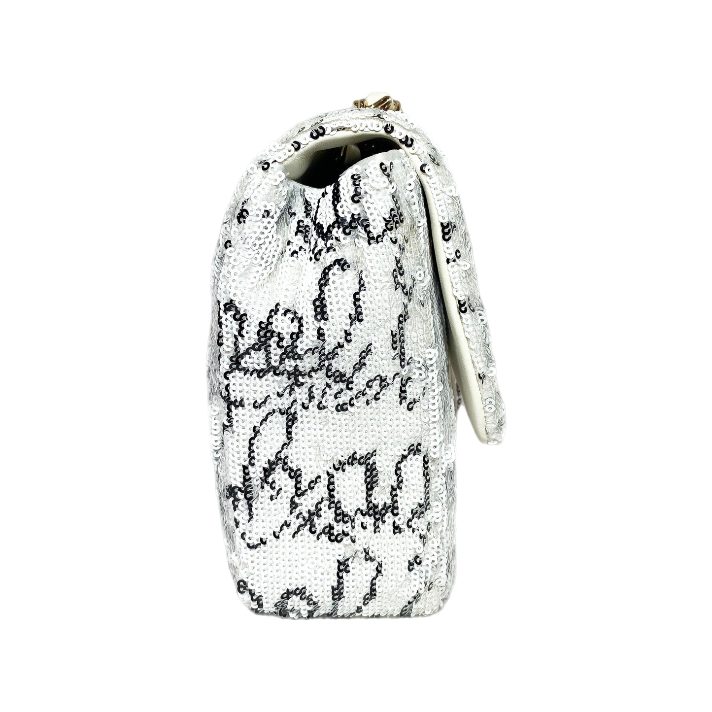 Chanel White Sequin Logo Script Flap Bag