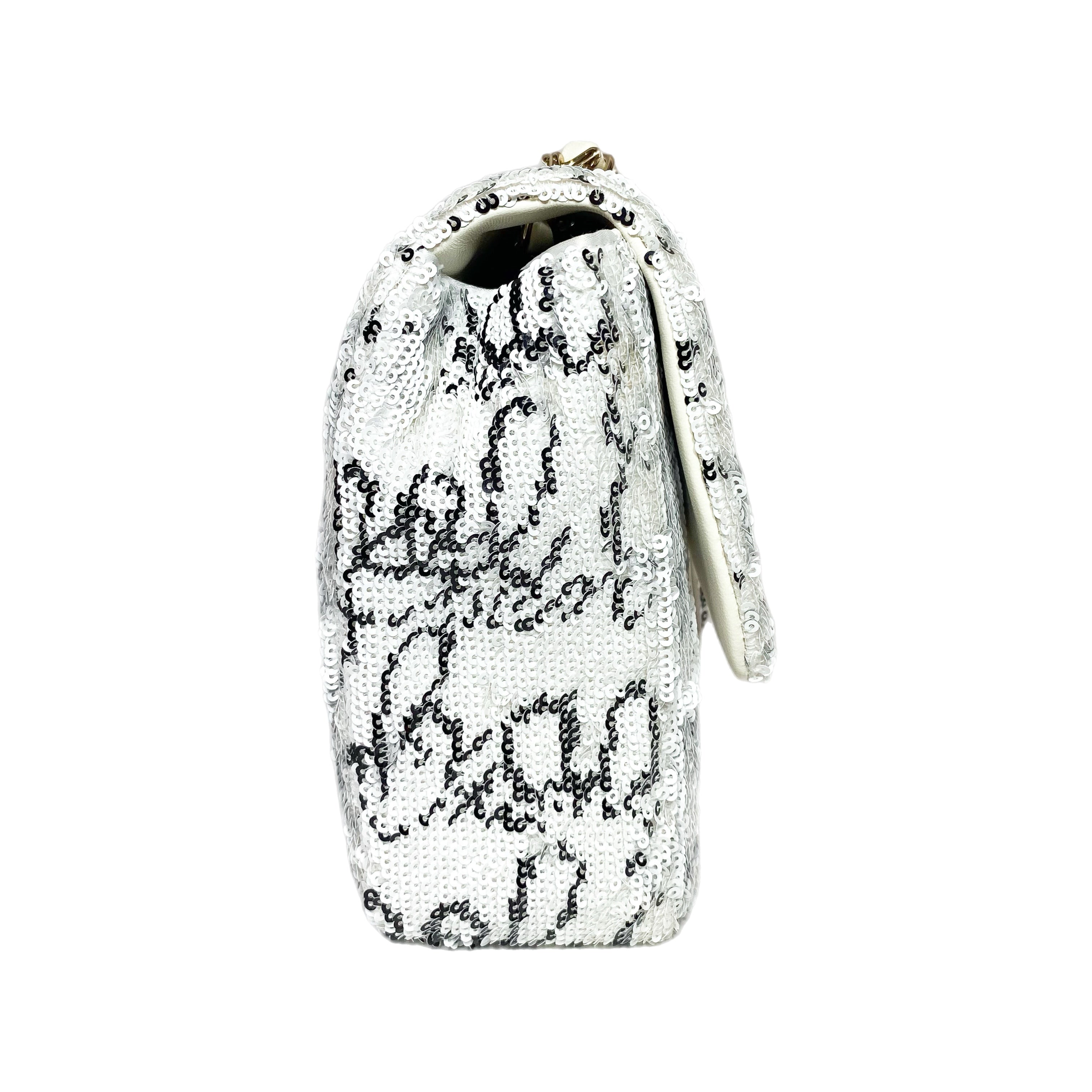 Chanel White Sequin Logo Script Flap Bag