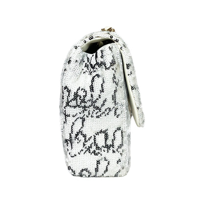 Chanel White Sequin Logo Script Flap Bag
