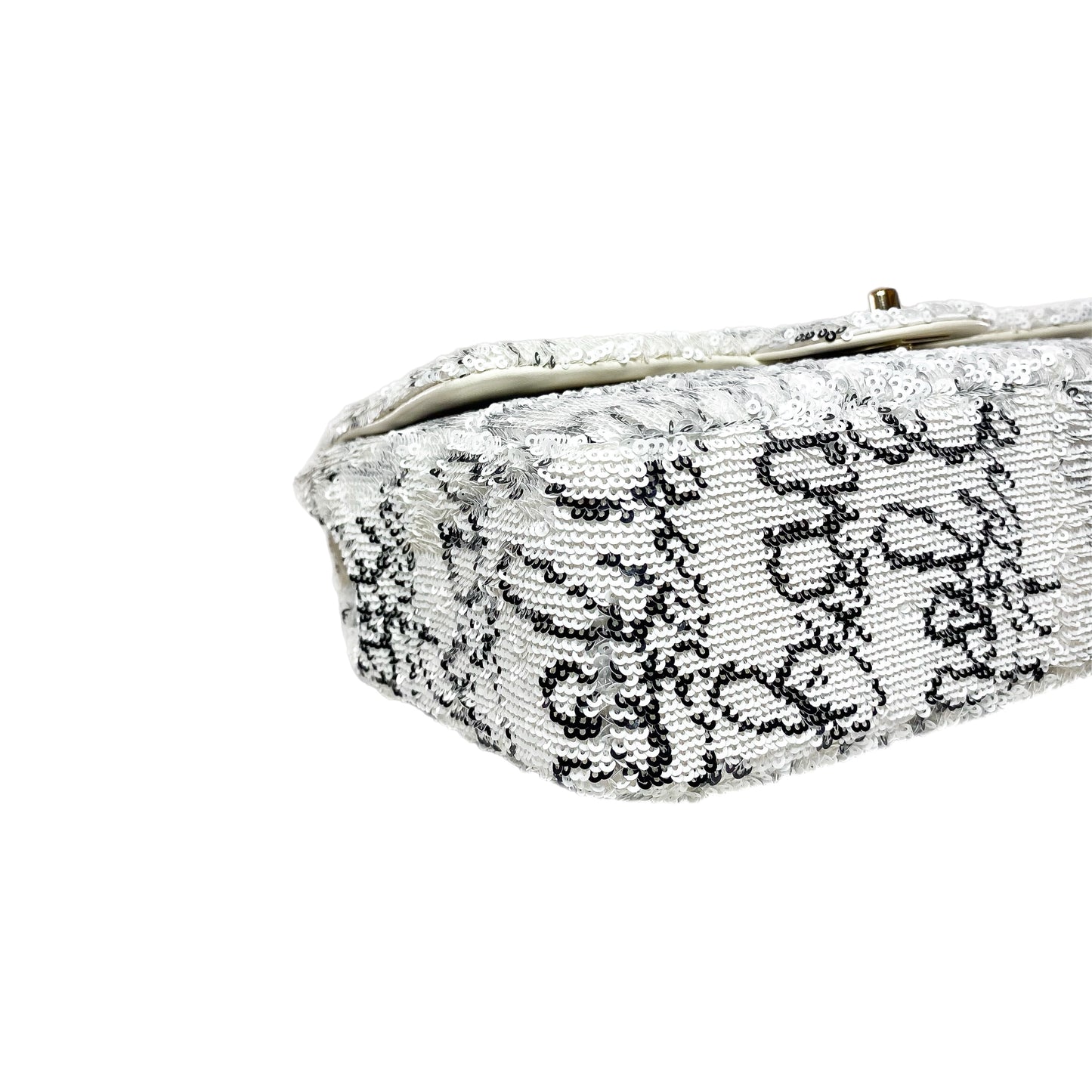 Chanel White Sequin Logo Script Flap Bag