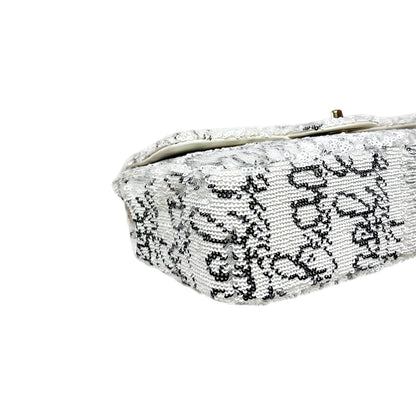 Chanel White Sequin Logo Script Flap Bag