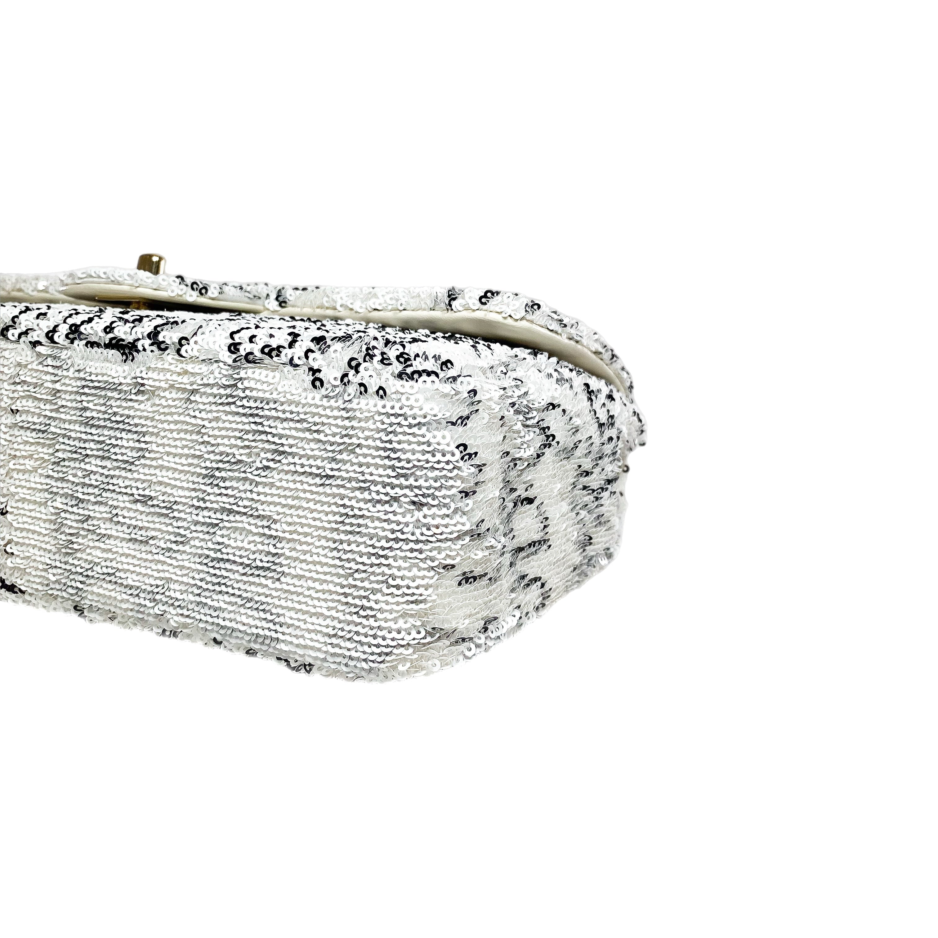 Chanel White Sequin Logo Script Flap Bag