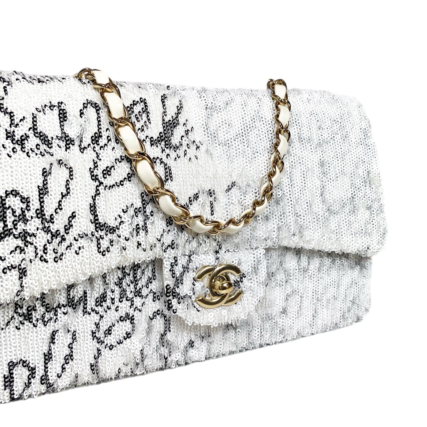 Chanel White Sequin Logo Script Flap Bag