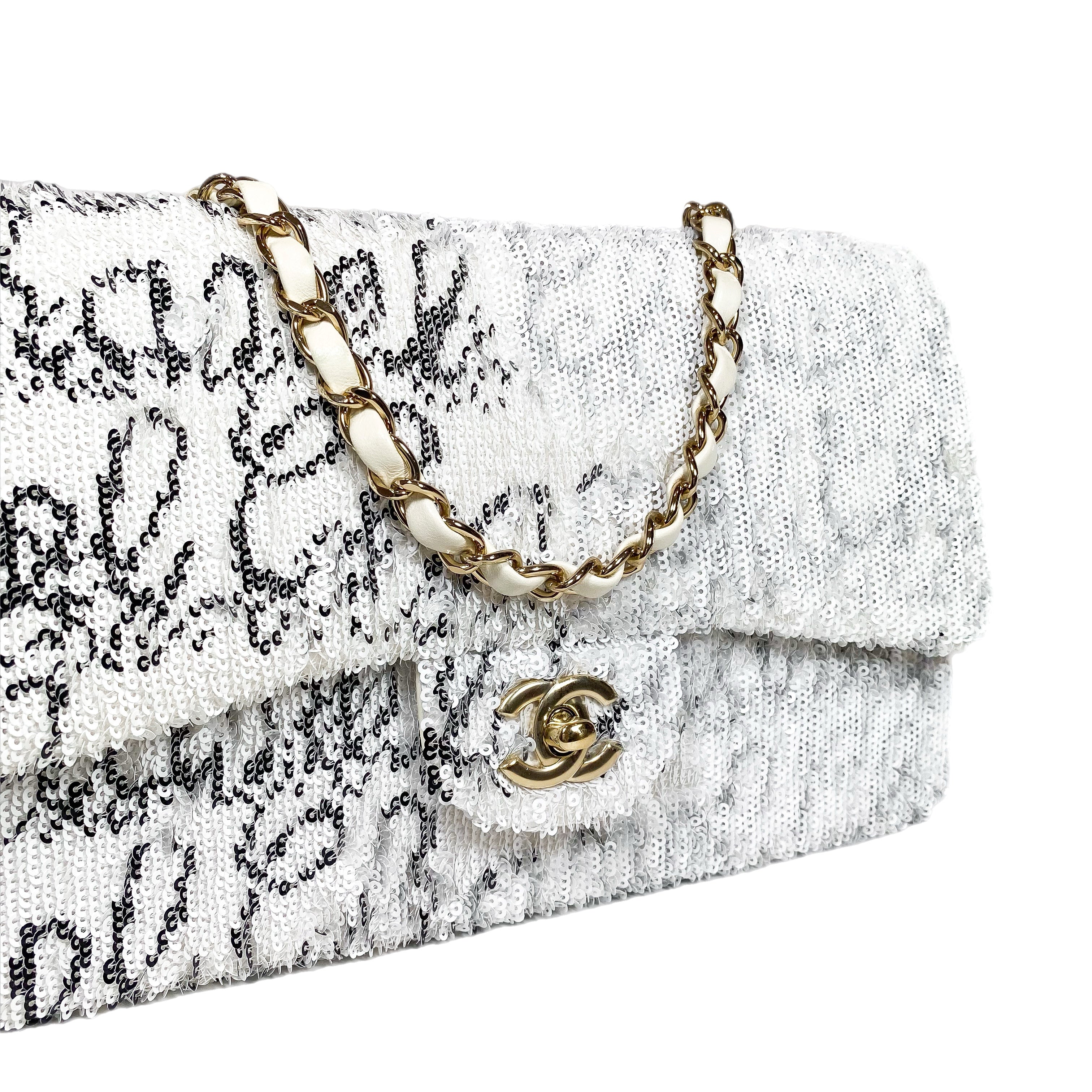 Chanel White Sequin Logo Script Flap Bag