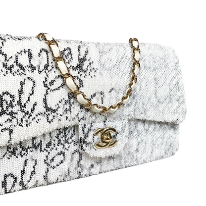 Chanel White Sequin Logo Script Flap Bag