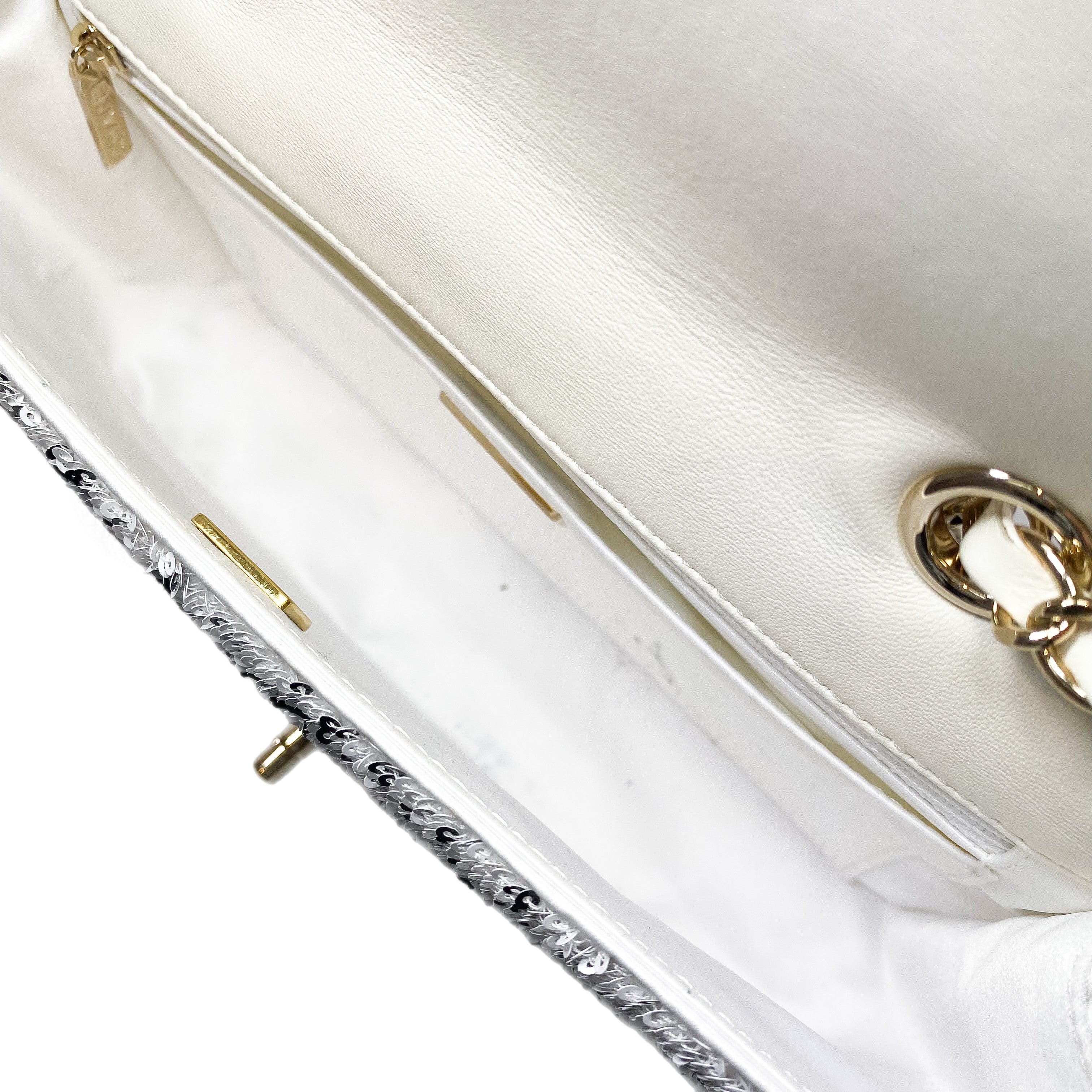Chanel White Sequin Logo Script Flap Bag