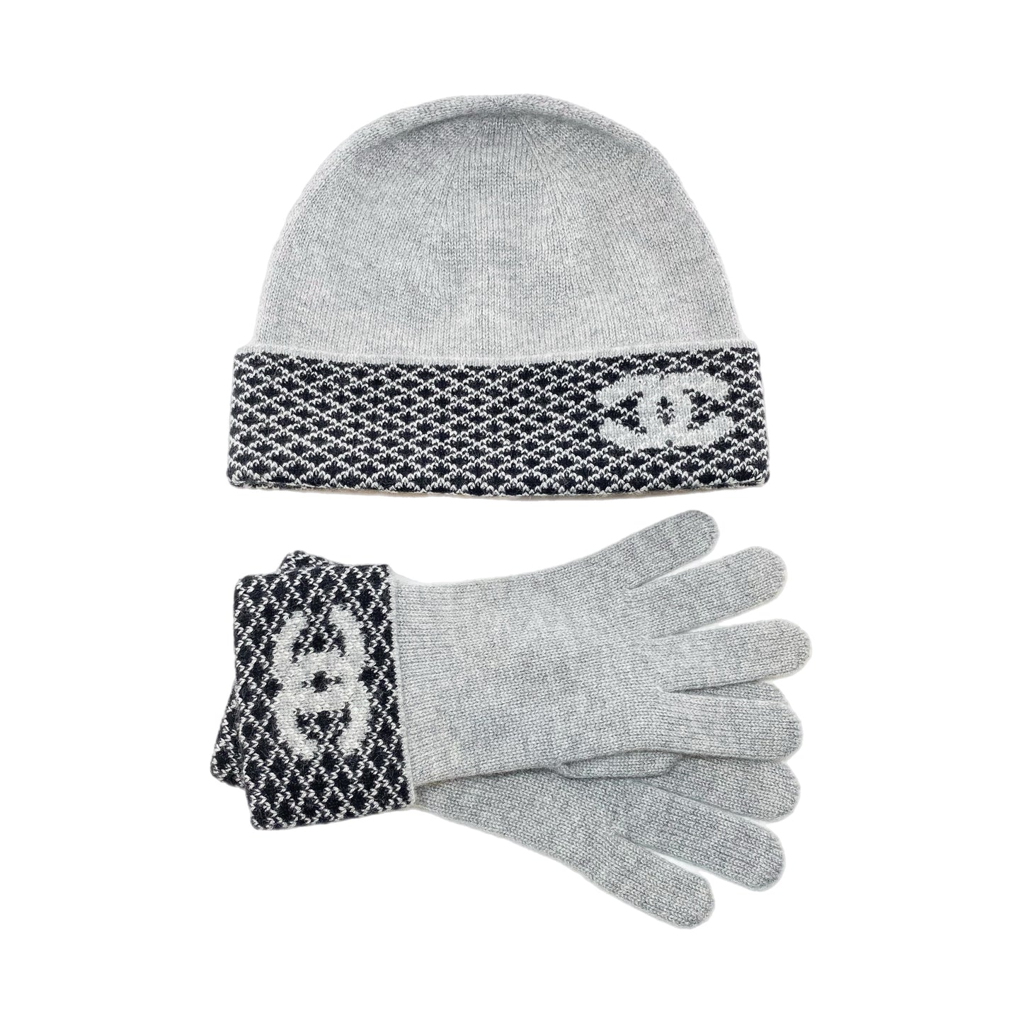 Chanel Gray Cashmere Gloves and Beanie Set
