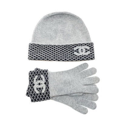 Chanel Gray Cashmere Gloves and Beanie Set