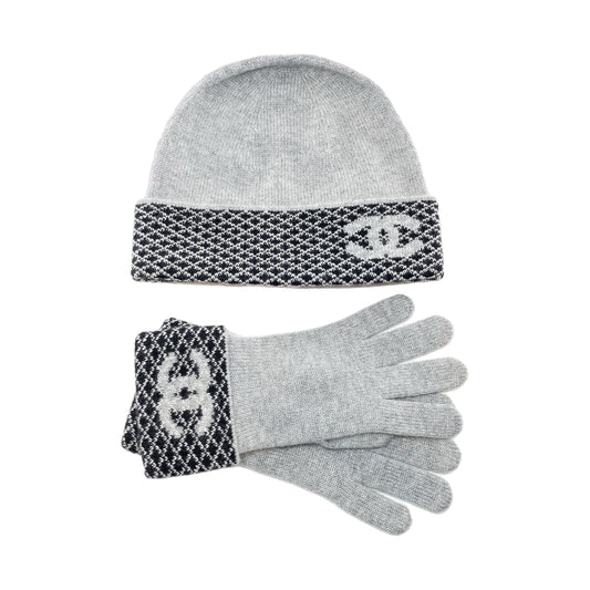 Chanel Gray Cashmere Gloves and Beanie Set