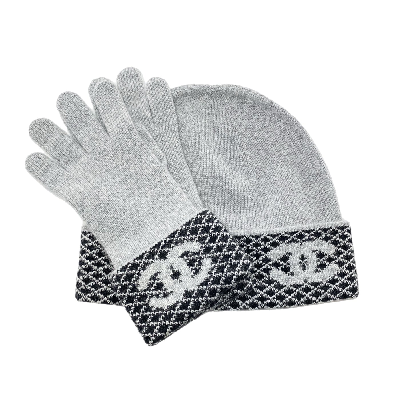 Chanel Gray Cashmere Gloves and Beanie Set