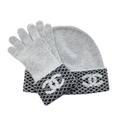 Chanel Gray Cashmere Gloves and Beanie Set