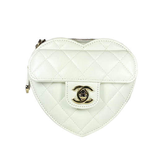 Chanel White Lambskin CC In Love Heart Clutch with Chain