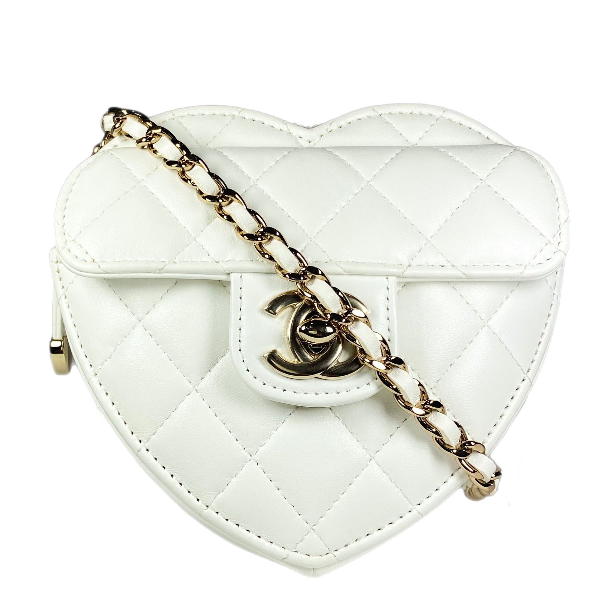 CHANEL Lambskin Quilted CC In Love Heart Coin Purse With Chain White  1025151