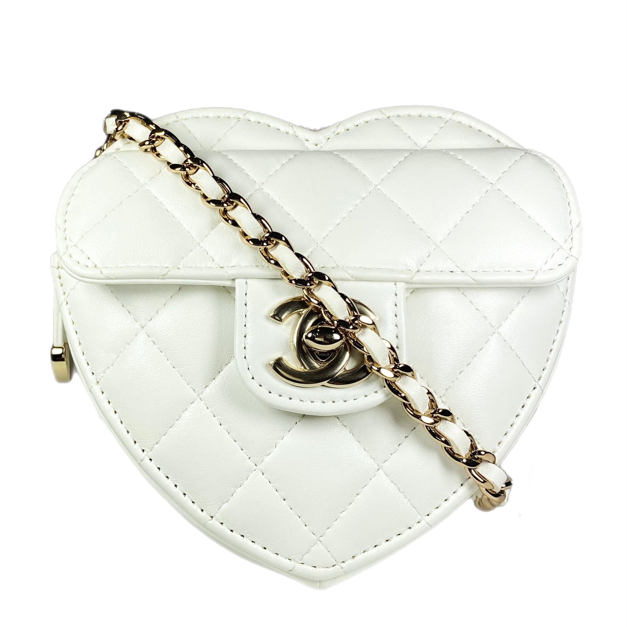 Chanel White Lambskin CC in Love Heart Clutch with Chain