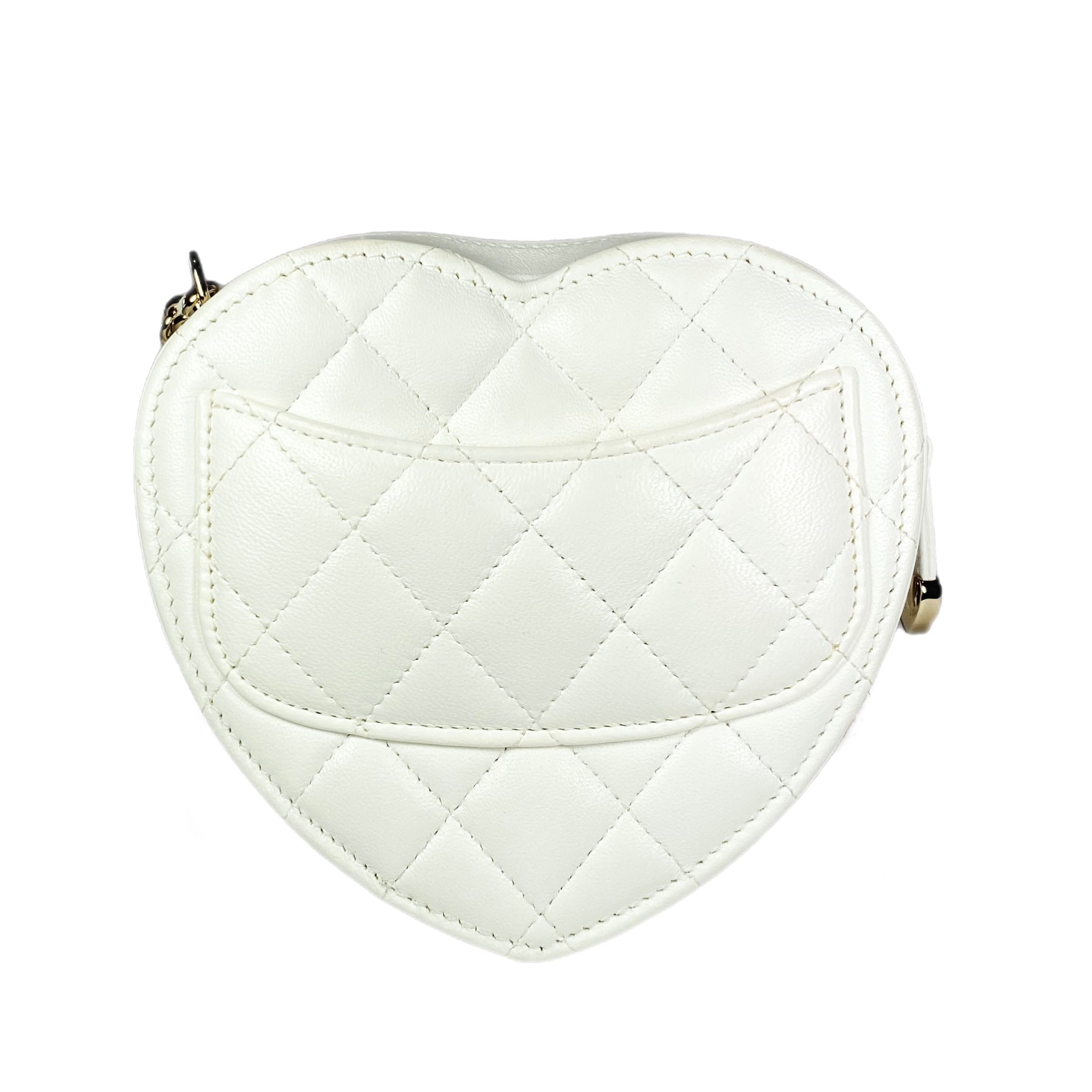 Chanel White Lambskin CC in Love Heart Clutch with Chain