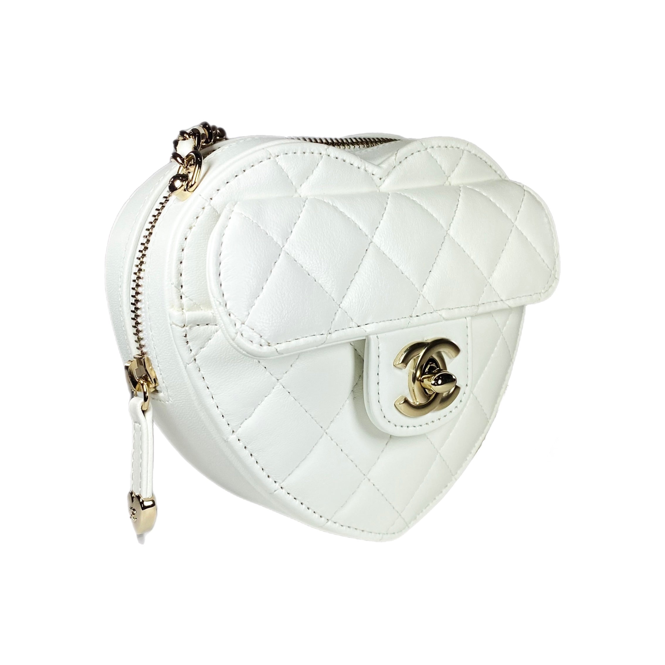 Chanel White Lambskin CC In Love Heart Clutch with Chain