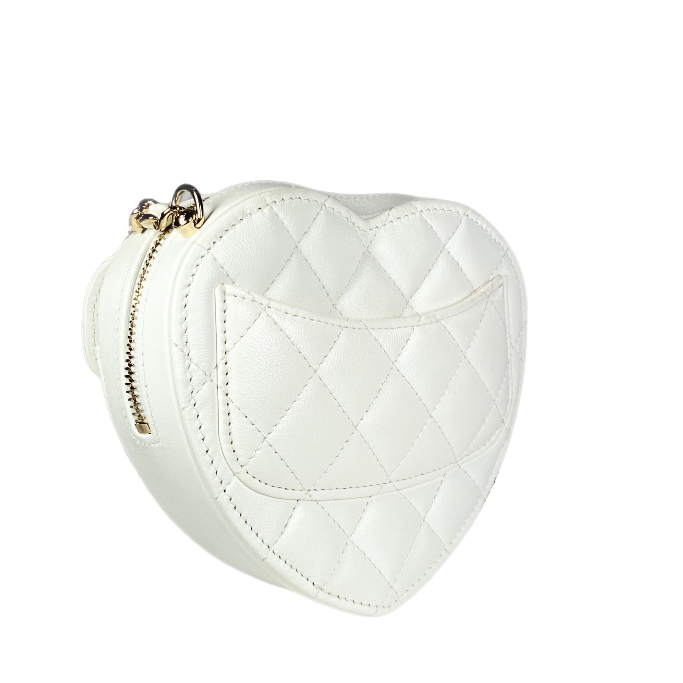 Chanel White Lambskin CC in Love Heart Clutch with Chain