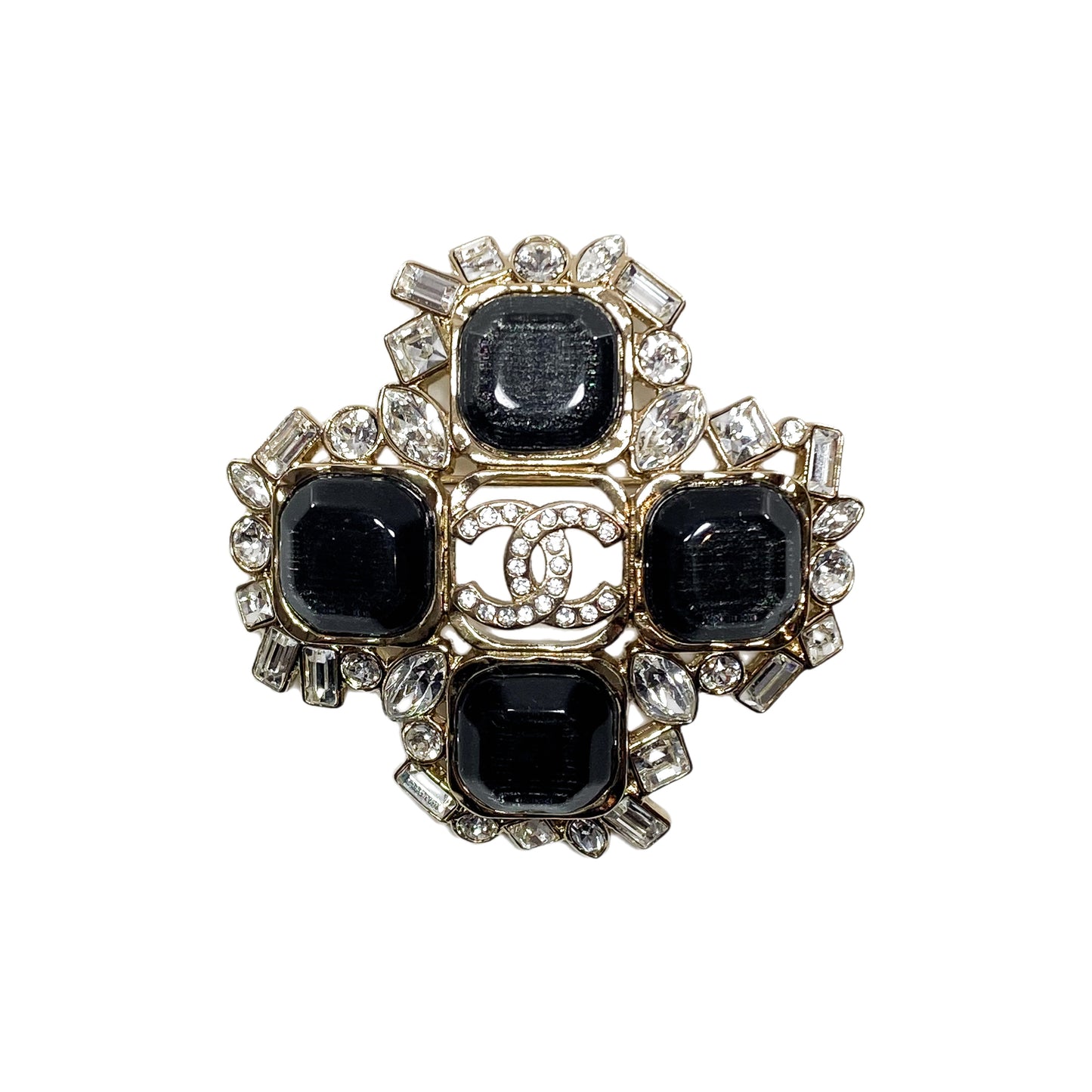 Chanel Black Gold CC Crystal Cross Brooch