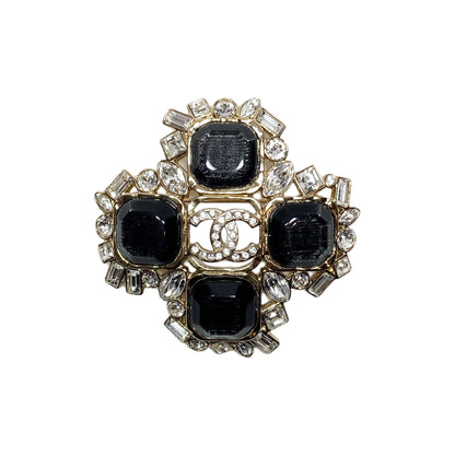 Chanel Black Gold CC Crystal Cross Brooch