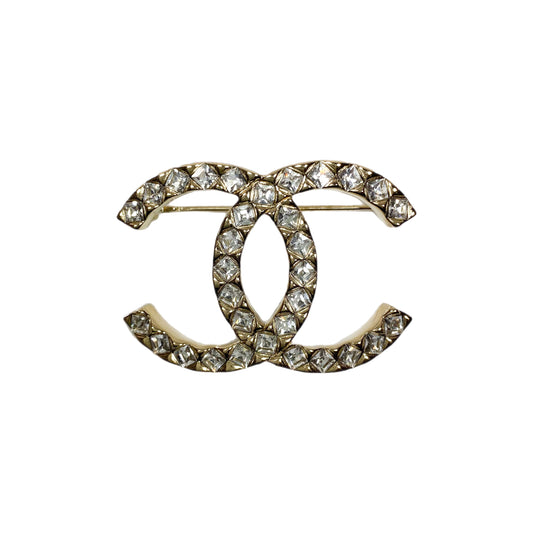Chanel Light Gold Crystal CC Brooch