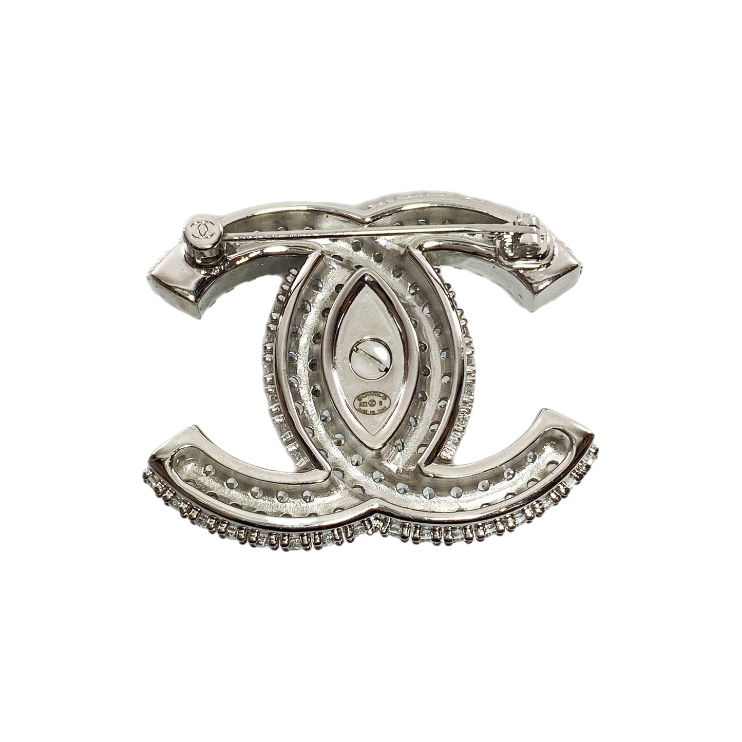 Chanel Silver Crystal CC Turnlock Brooch