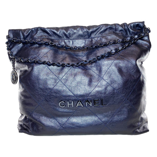 Chanel 22 Quilted Metallic Navy Blue