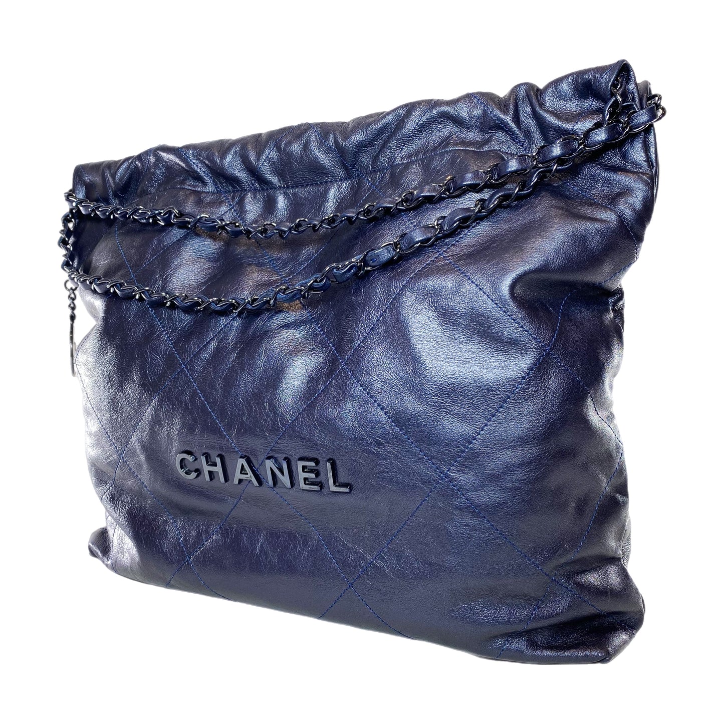 Chanel 22 Quilted Metallic Navy Blue