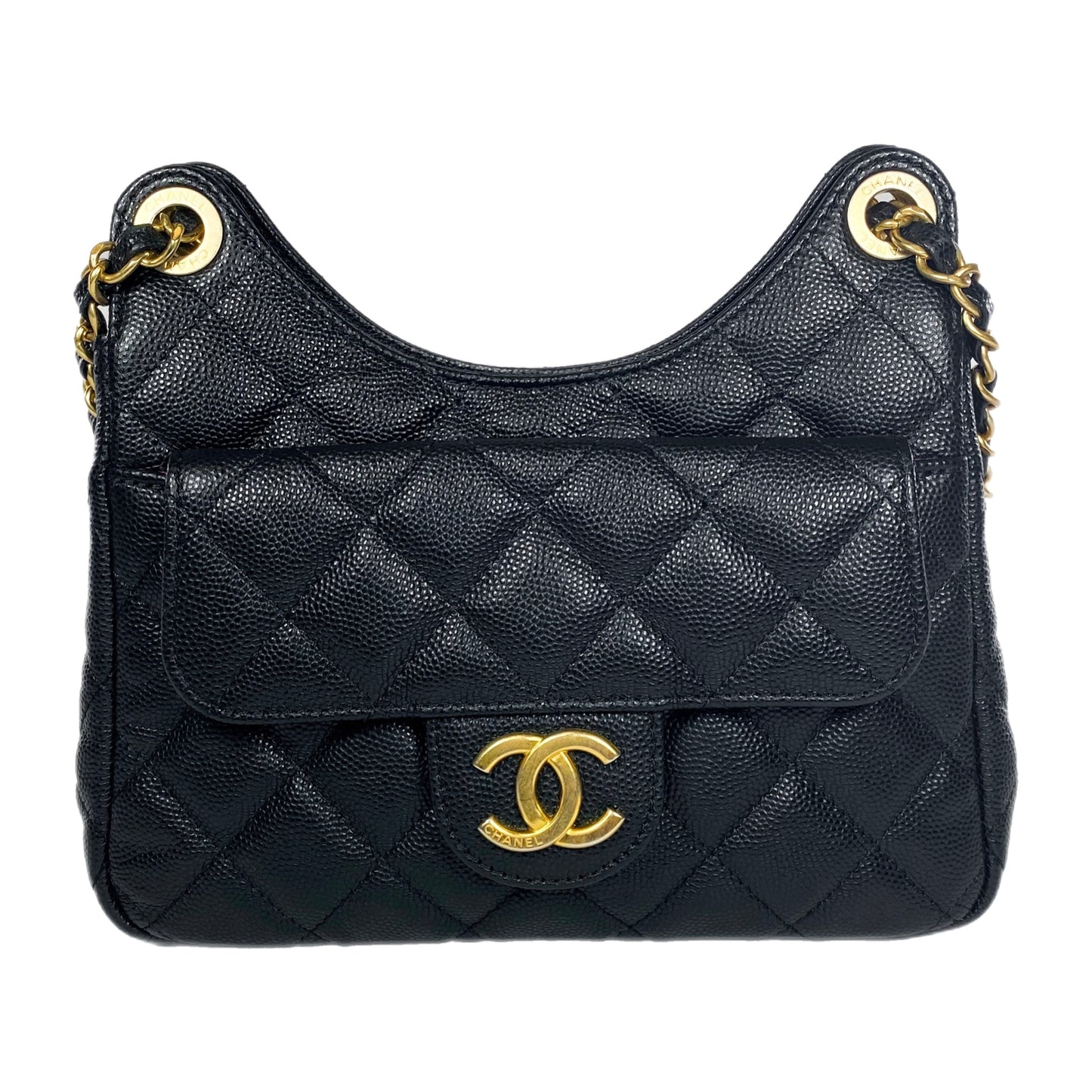Chanel Small Black Quilted Caviar Wavy Hobo Bag
