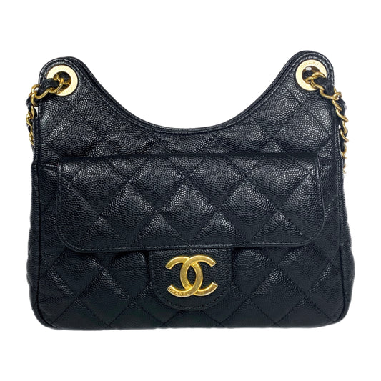 Chanel Small Black Quilted Caviar Wavy Hobo Bag