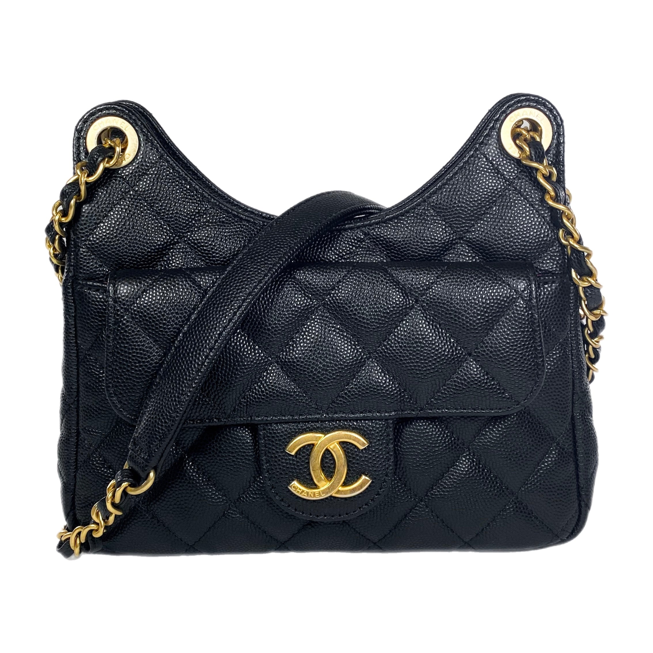 Chanel Small Black Quilted Caviar Wavy Hobo Bag