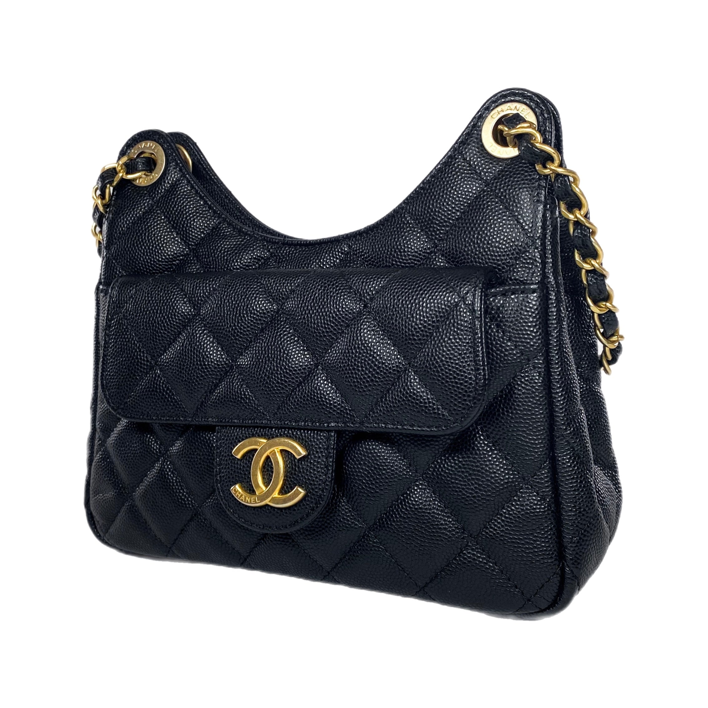 Chanel Small Black Quilted Caviar Wavy Hobo Bag