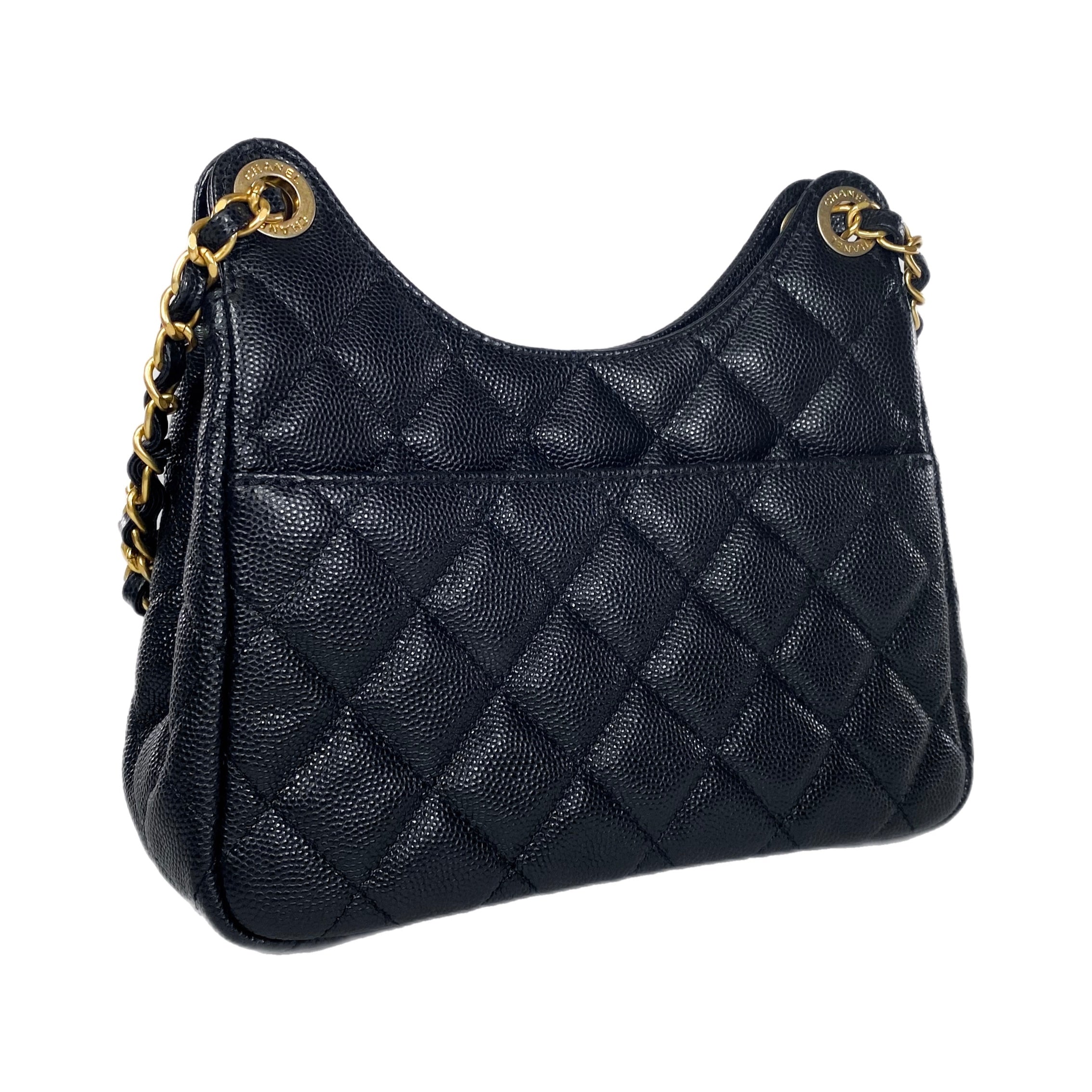 Chanel Small Black Quilted Caviar Wavy Hobo Bag