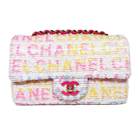 Chanel Quilted Pink Multicolor Tweed Mini Rectangular Flap Bag