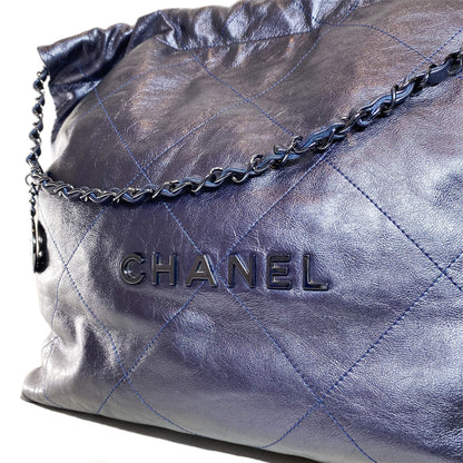 Chanel 22 Quilted Metallic Navy Blue