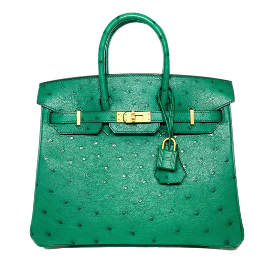 Hermes Birkin 25 Malachite Ostrich Special Order Horseshoe Stamp Brushed Gold Hardware