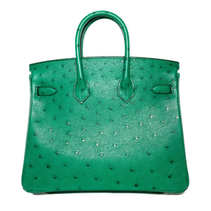 Hermes Birkin 25 Malachite Ostrich Special Order Horseshoe Stamp Brushed Gold Hardware