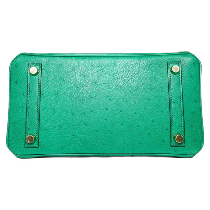 Hermes Birkin 25 Malachite Ostrich Special Order Horseshoe Stamp Brushed Gold Hardware