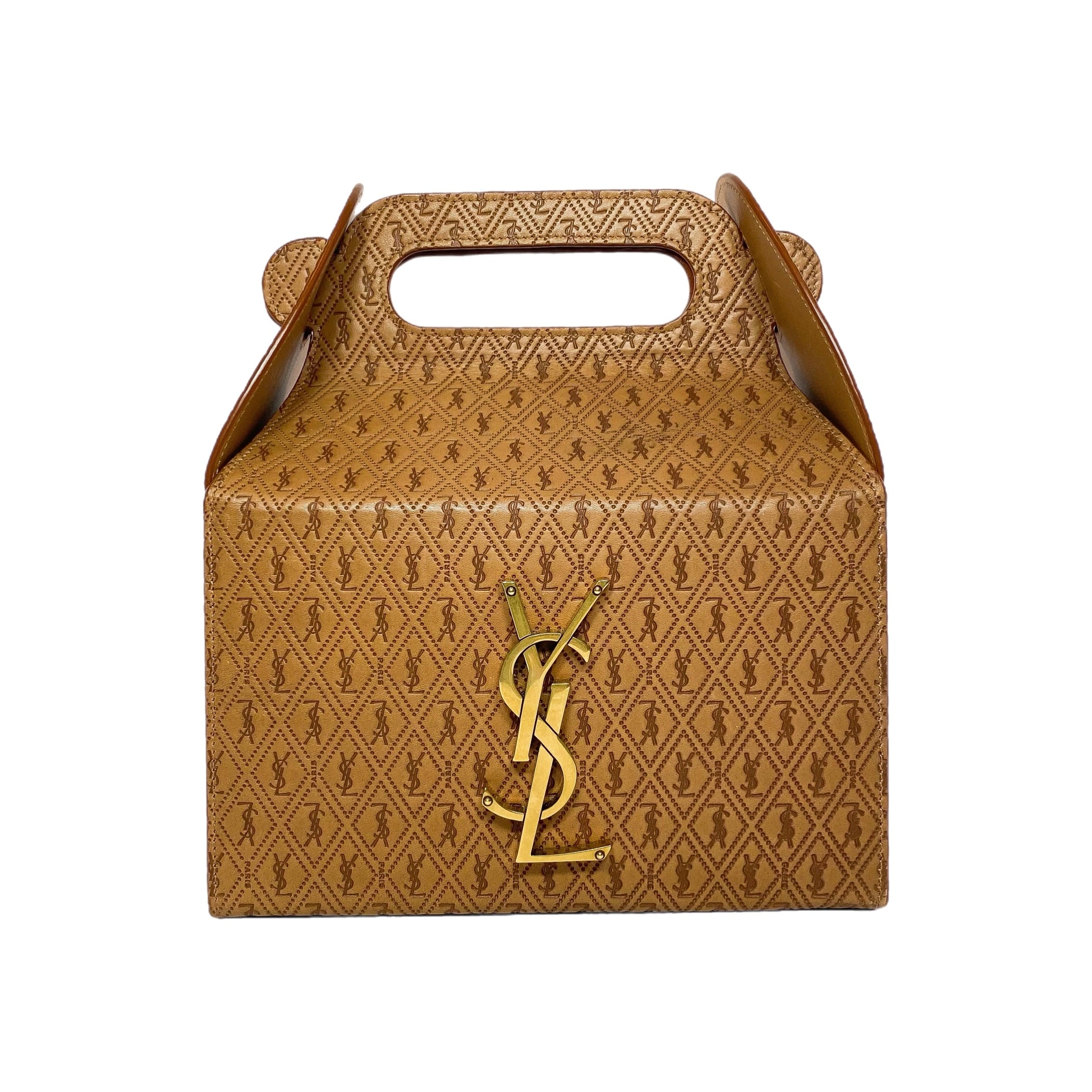 YSL Dusty Vintage Brown Gold Logo Take Away Box Clutch Consign of the Times